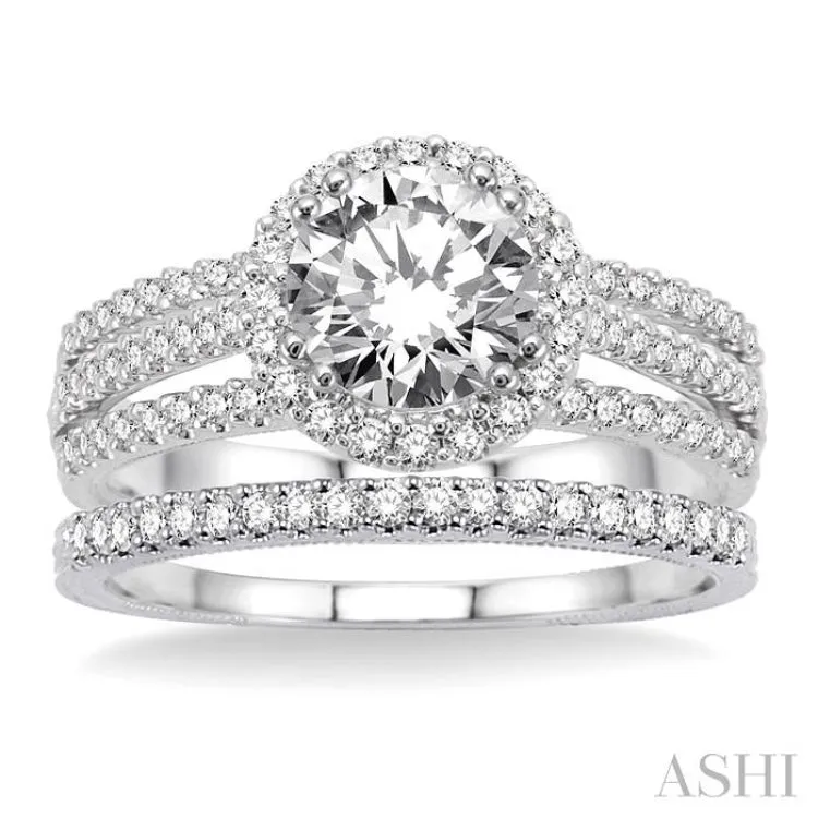 Exquisite 1 1/3 Ctw Diamond Wedding Set with 1 1/6 Ctw Round Cut Engagement Ring & 1/6 Ctw Eternity Wedding Band in Lustrous 14K White Gold