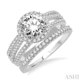 Exquisite 1 1/3 Ctw Diamond Wedding Set with 1 1/6 Ctw Round Cut Engagement Ring & 1/6 Ctw Eternity Wedding Band in Lustrous 14K White Gold