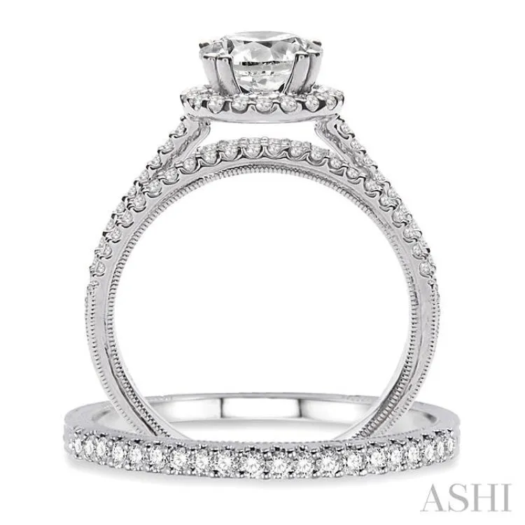 Exquisite 1 1/3 Ctw Diamond Wedding Set with 1 1/6 Ctw Round Cut Engagement Ring & 1/6 Ctw Eternity Wedding Band in Lustrous 14K White Gold