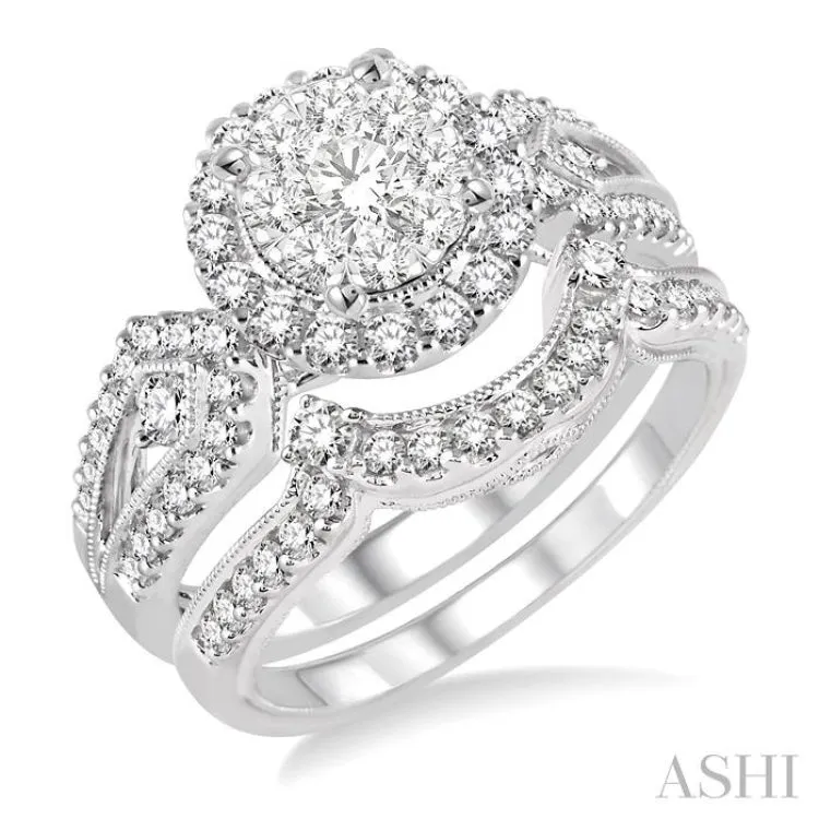 Stunning 14K White Gold Diamond Lovebright Wedding Set: 7/8 Ctw Engagement Ring & 1/4 Ctw Wedding Band, totaling 1 1/6 Ctw.