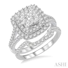 14K White Gold Lovebright Diamond Wedding Set, Featuring 1 1/6 ctw Cushion Cut Engagement Ring and 1/4 ctw Scoop-Style Wedding Band, Total 1 3/8 ctw Round Cut