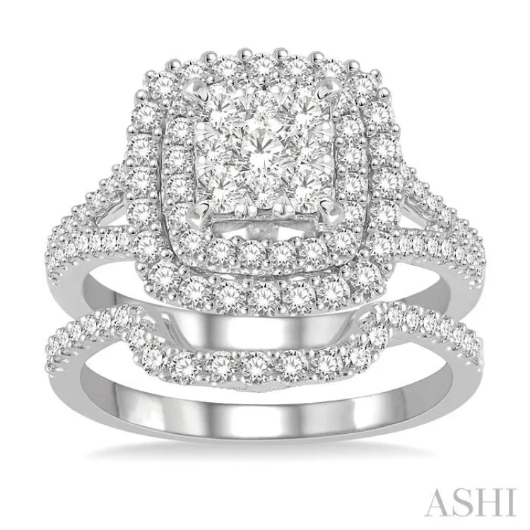 14K White Gold Lovebright Diamond Wedding Set, Featuring 1 1/6 ctw Cushion Cut Engagement Ring and 1/4 ctw Scoop-Style Wedding Band, Total 1 3/8 ctw Round Cut