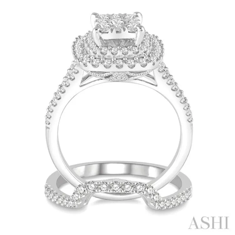 14K White Gold Lovebright Diamond Wedding Set, Featuring 1 1/6 ctw Cushion Cut Engagement Ring and 1/4 ctw Scoop-Style Wedding Band, Total 1 3/8 ctw Round Cut