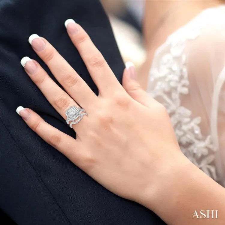14K White Gold Lovebright Diamond Wedding Set, Featuring 1 1/6 ctw Cushion Cut Engagement Ring and 1/4 ctw Scoop-Style Wedding Band, Total 1 3/8 ctw Round Cut