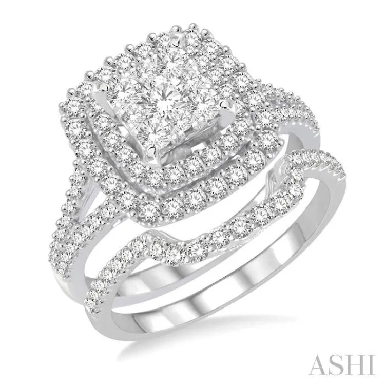 14K White Gold Lovebright Diamond Wedding Set, Featuring 1 1/6 ctw Cushion Cut Engagement Ring and 1/4 ctw Scoop-Style Wedding Band, Total 1 3/8 ctw Round Cut