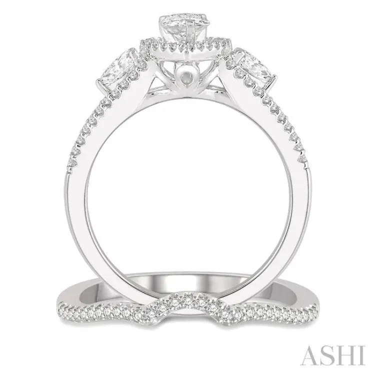 1 Ctw Diamond Wedding Set With 7/8 Ctw Pear Shape Engagement Ring and 1/10 Ctw Arched Center Wedding Band in 14K White Gold