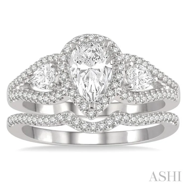 1 Ctw Diamond Wedding Set With 7/8 Ctw Pear Shape Engagement Ring and 1/10 Ctw Arched Center Wedding Band in 14K White Gold