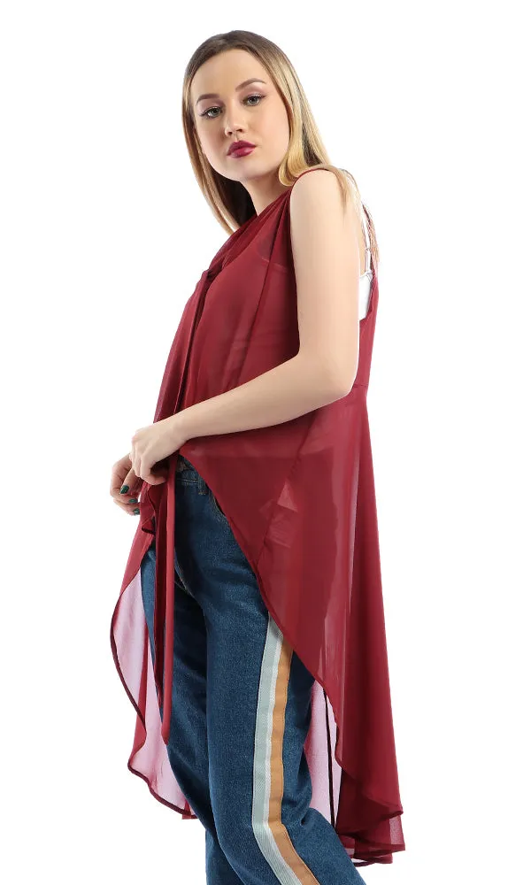 53481 Sheer V-Neck With Lace Up Sleeveless Hi-Low Maroon Top