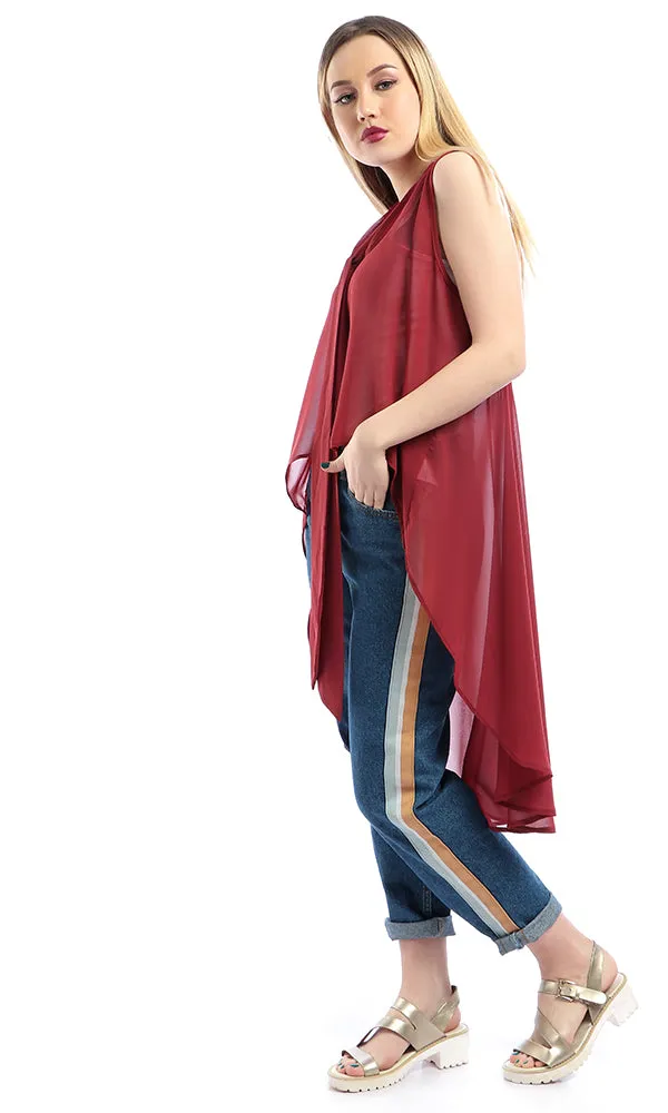 53481 Sheer V-Neck With Lace Up Sleeveless Hi-Low Maroon Top