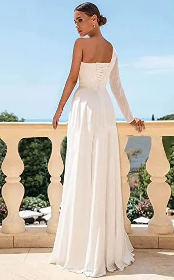A-Line One-shoulder Satin Wedding Dress Simple Elegant Adorable Beach Summer With Open Back And Long Sleeves And Ruching-716778