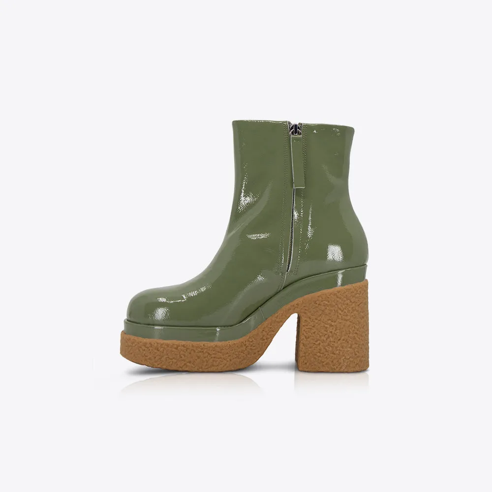 Stylish Olive Patent Ankle Boots - Height-Boosting Design