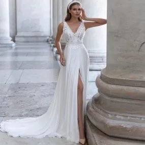 Beach Wedding Dress Chiffon V Neck Bridal Gown WD1006