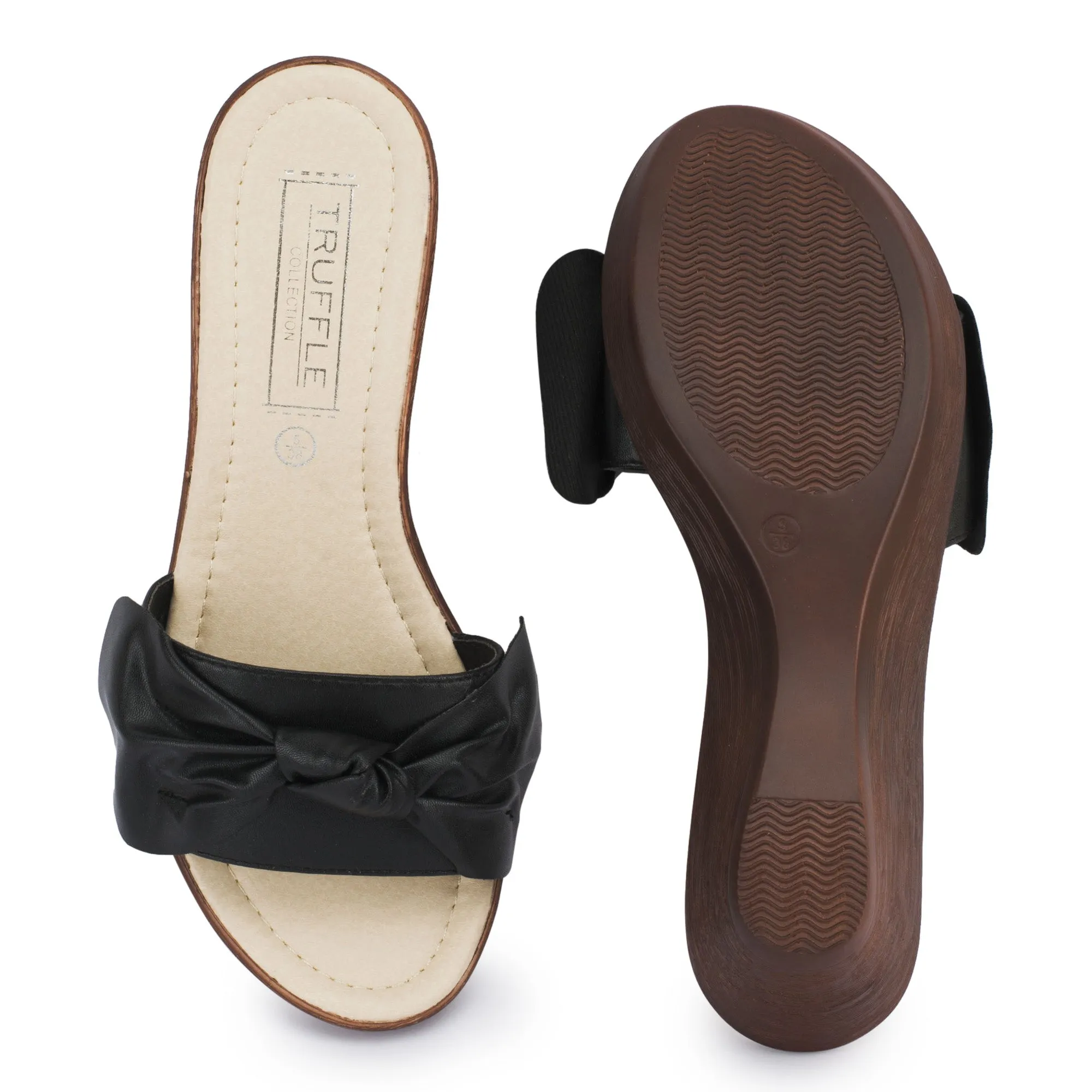 Black Wedge Wooden Effect Mid Heel