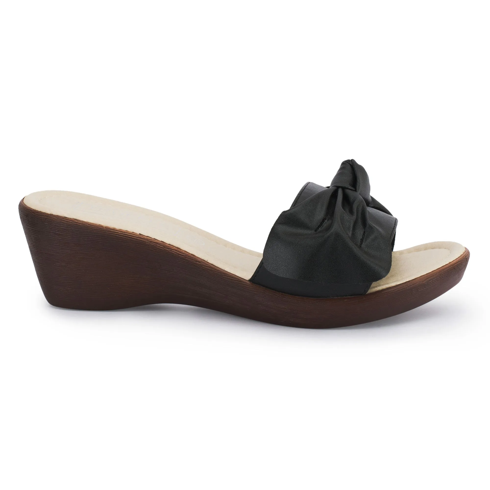 Black Wedge Wooden Effect Mid Heel