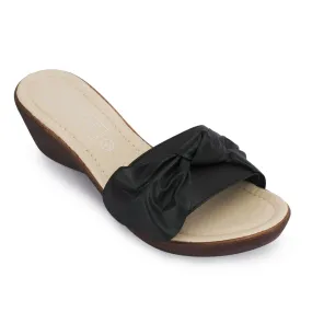Black Wedge Wooden Effect Mid Heel