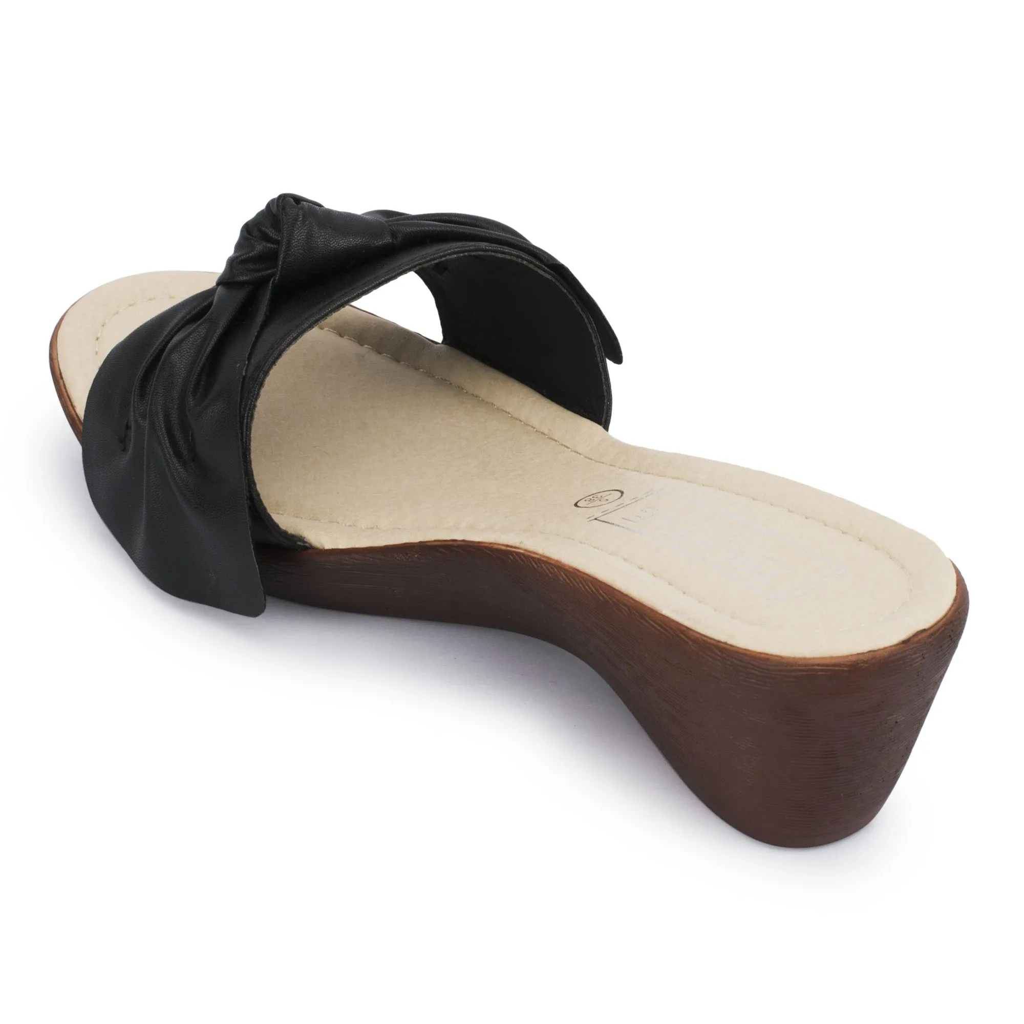 Black Wedge Wooden Effect Mid Heel