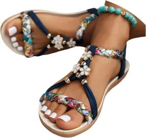 Bohemian Beach Sandals for Women 2025 New Boho Orthopedic Wedge Sandals for Women Ankle Strap Flip Flops Open Toe Jeweled Flats