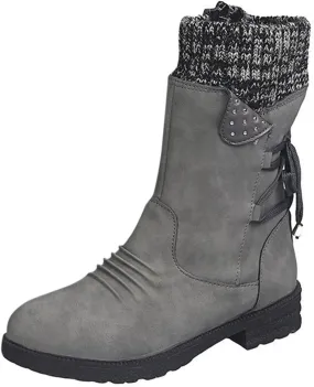 Boots for Women Lace-up Fur Lined Mid Calf Shoes Round Toe Waterproof Winter Snow Booties Heel Chunky Thick with Side Zipper