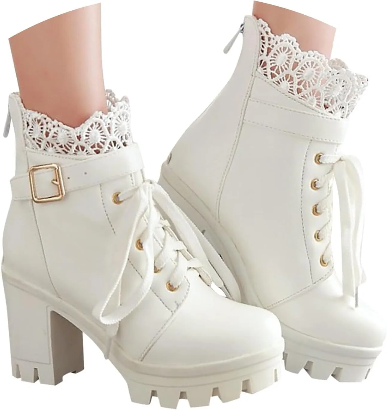 Boots for Women Platform Combat Fashion Lace Leather Chunky Pump Leather Goth Lace Up High Heels Halloween Cosplay Booties