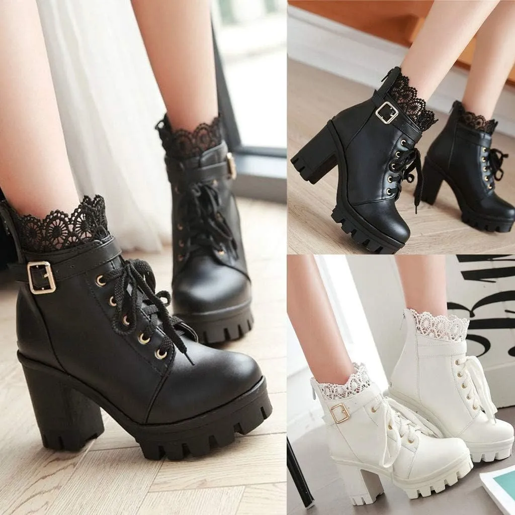 Boots for Women Platform Combat Fashion Lace Leather Chunky Pump Leather Goth Lace Up High Heels Halloween Cosplay Booties