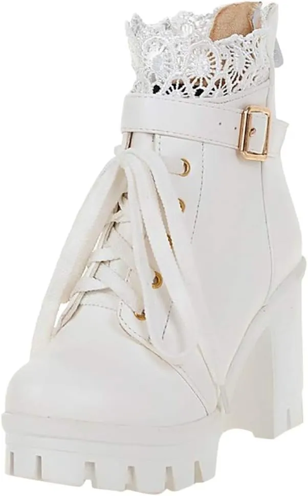 Boots for Women Platform Combat Fashion Lace Leather Chunky Pump Leather Goth Lace Up High Heels Halloween Cosplay Booties