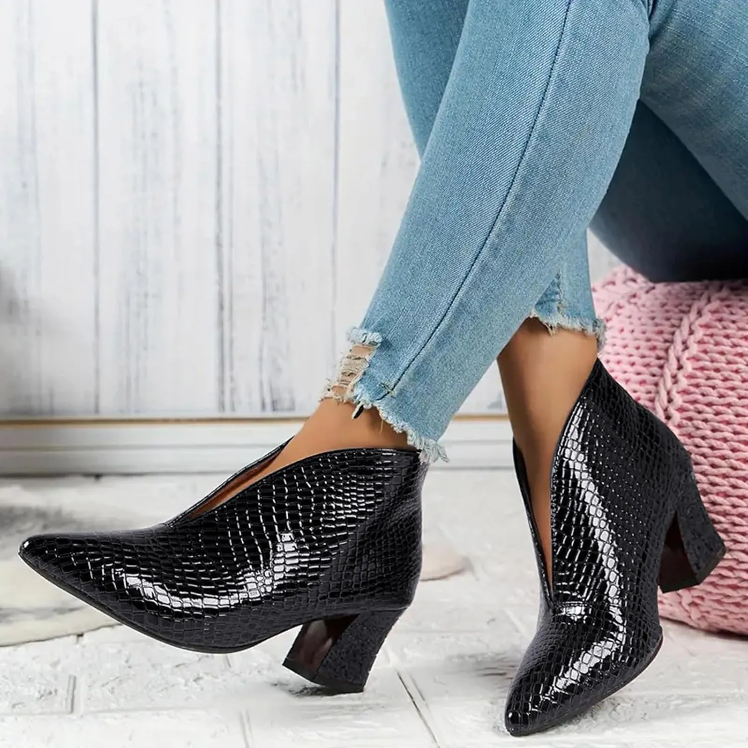 Cathalem Ankle Booties for Women, Pointed Toe Low Heel Cutout Booties Ankle Boots Snake Comfortable Slip On Chunky Heel Boots