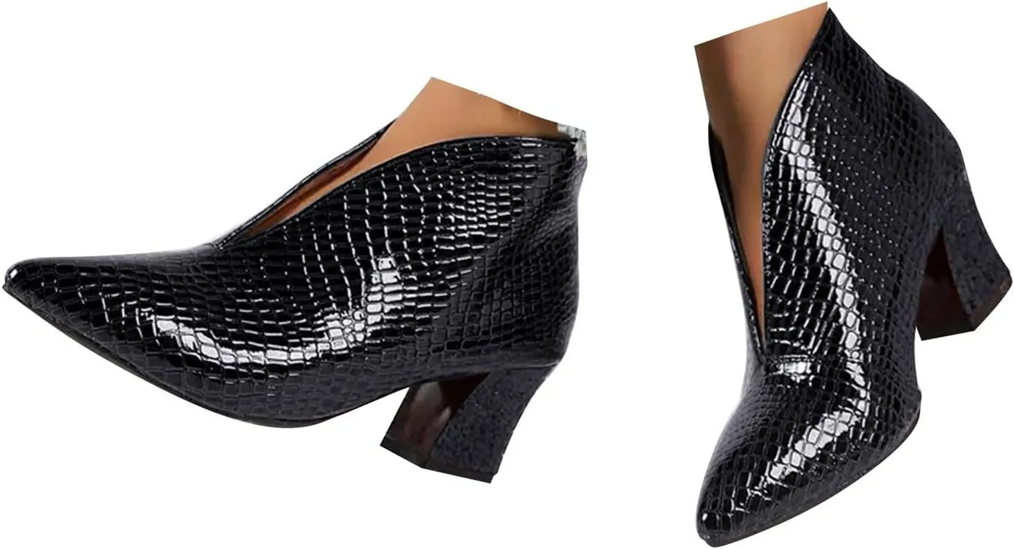 Cathalem Ankle Booties for Women, Pointed Toe Low Heel Cutout Booties Ankle Boots Snake Comfortable Slip On Chunky Heel Boots