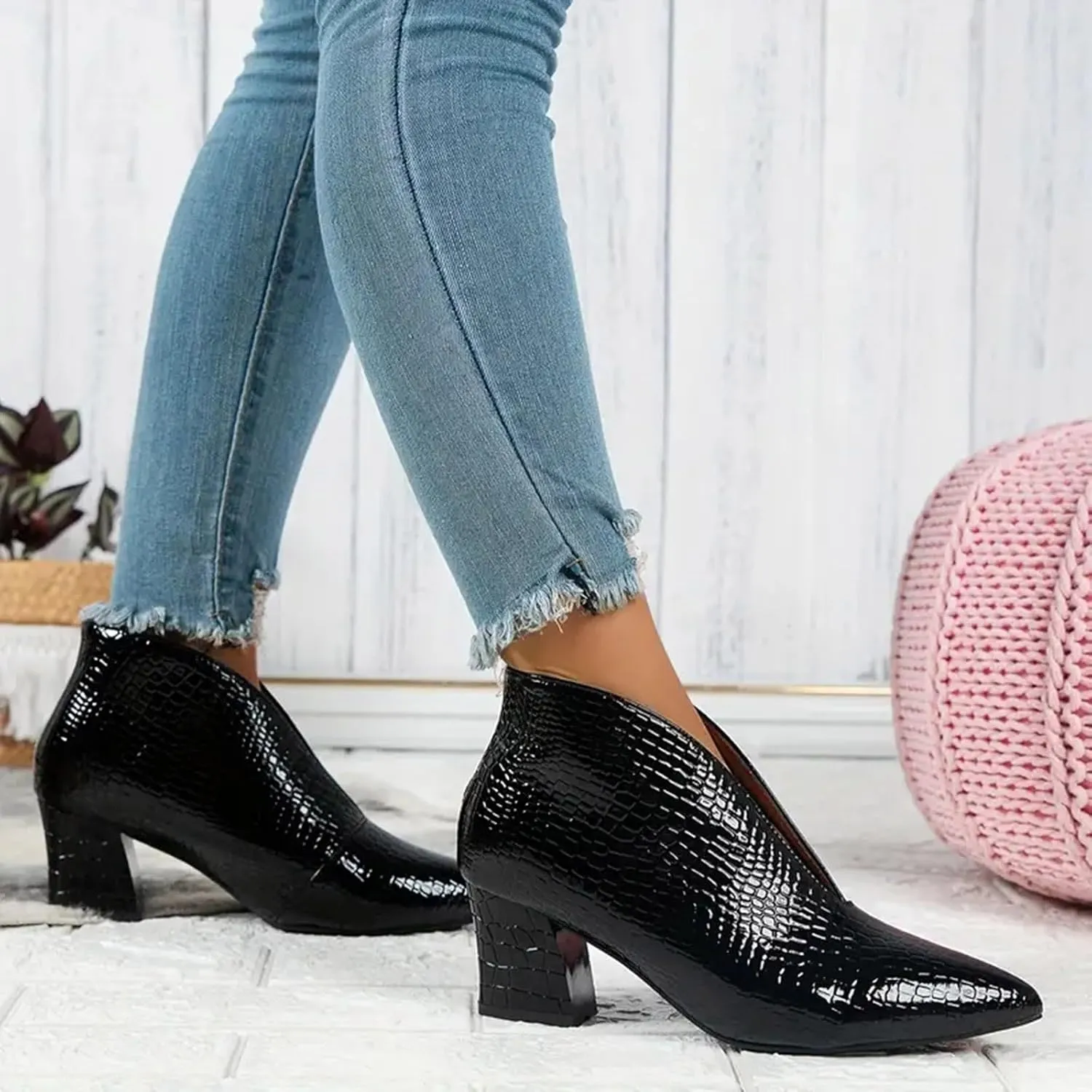 Cathalem Ankle Booties for Women, Pointed Toe Low Heel Cutout Booties Ankle Boots Snake Comfortable Slip On Chunky Heel Boots