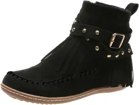 Cathalem Ankle Boots for Women Western Cowboy Boots Fringe Faux Suede Boots Retro Round Toe Fringe Buckle Strap Ankle Boot