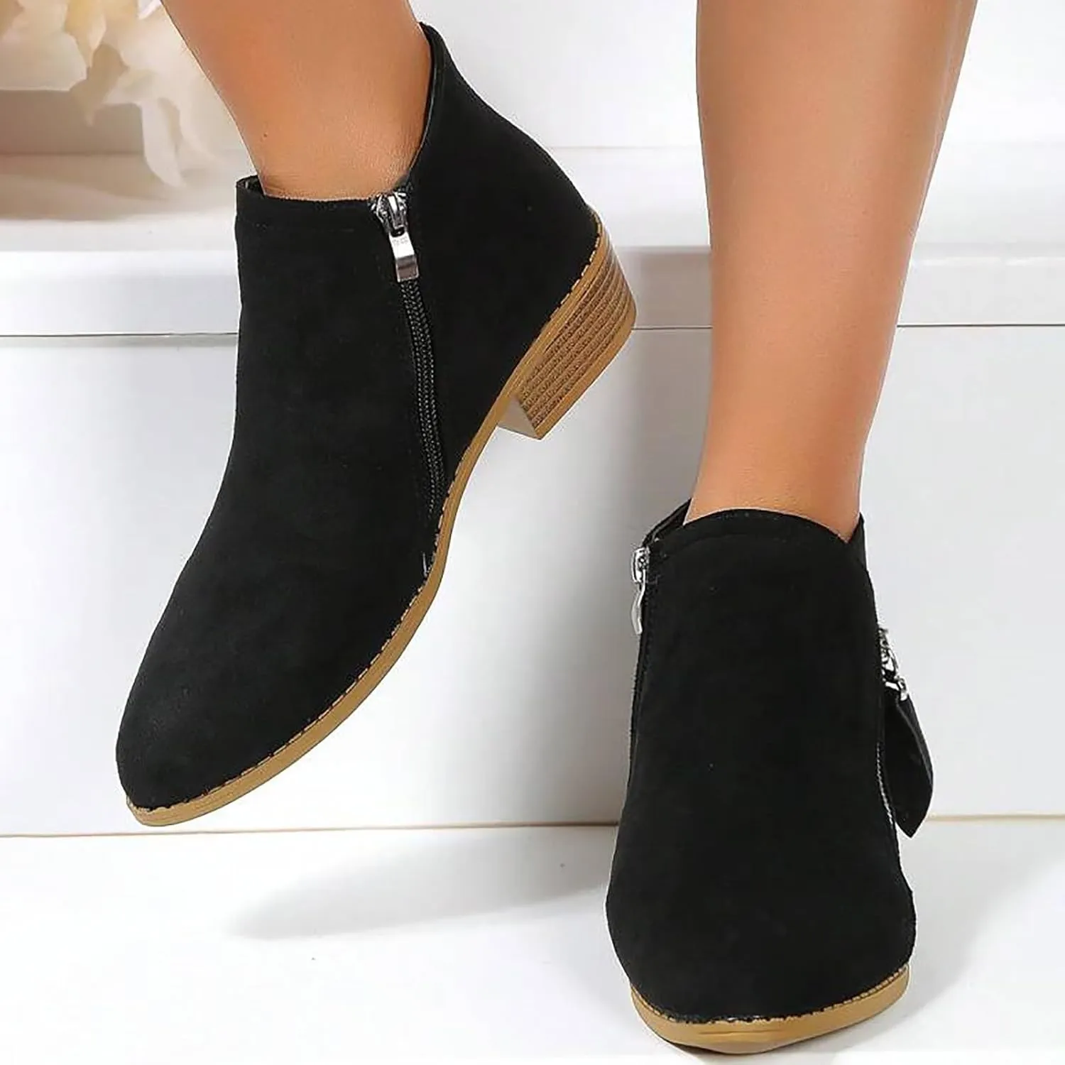 Cathalem Booties for Women 2024 Vintage Slip on Round Toe Side Zipper Chunky Block Mid Heel Booties Outdoor Ladies Shoes