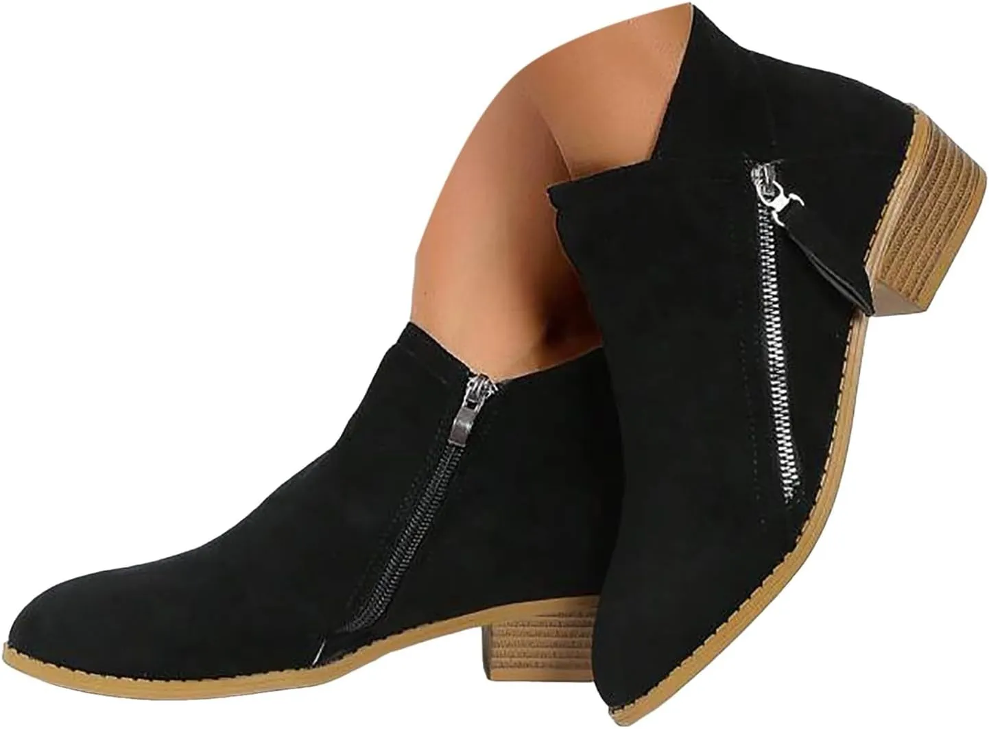 Cathalem Booties for Women 2024 Vintage Slip on Round Toe Side Zipper Chunky Block Mid Heel Booties Outdoor Ladies Shoes