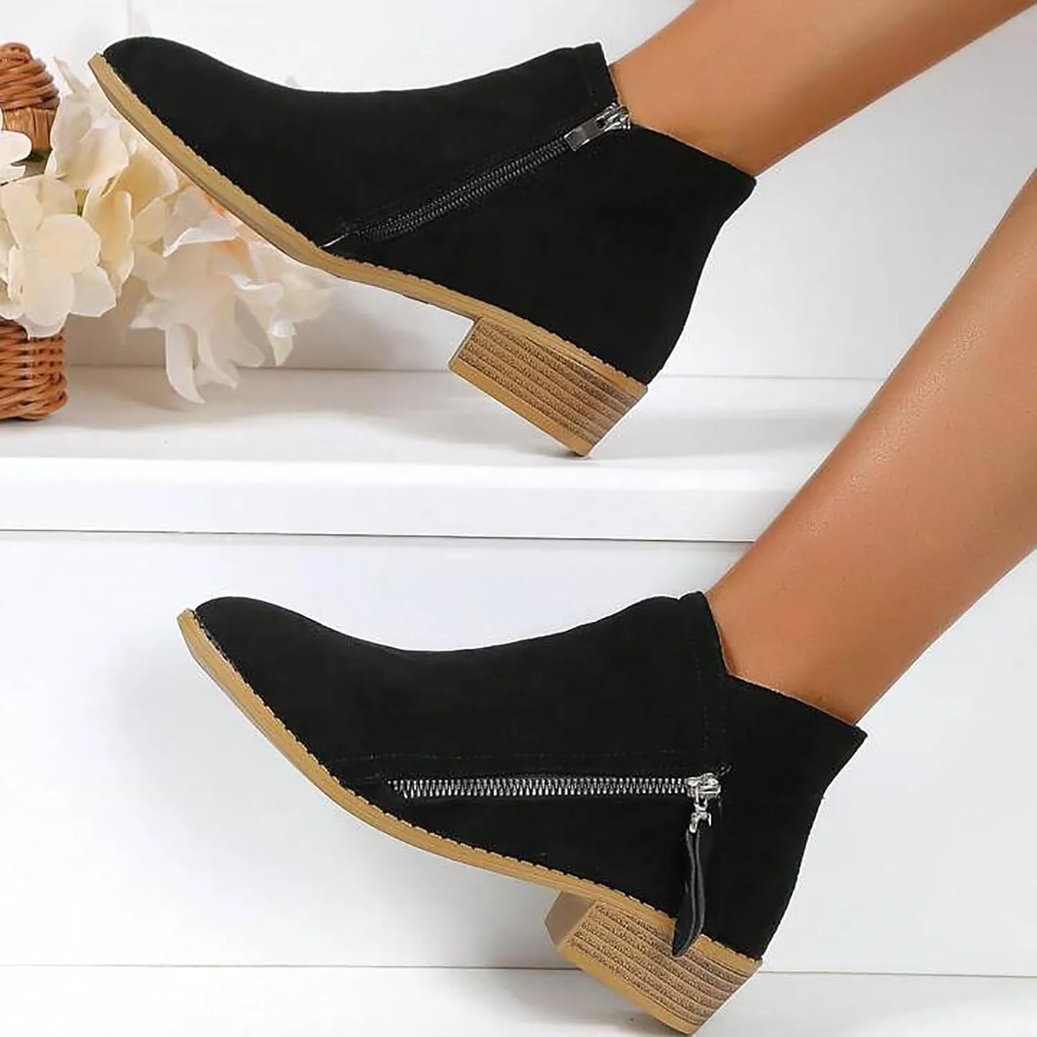 Cathalem Booties for Women 2024 Vintage Slip on Round Toe Side Zipper Chunky Block Mid Heel Booties Outdoor Ladies Shoes