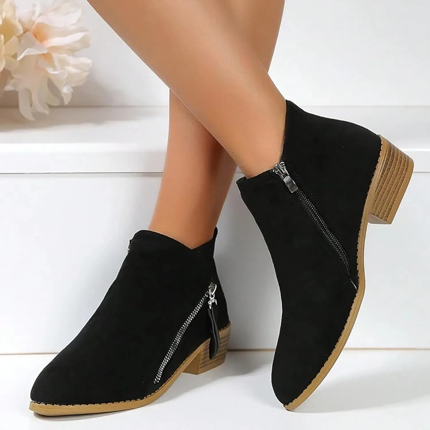 Cathalem Booties for Women 2024 Vintage Slip on Round Toe Side Zipper Chunky Block Mid Heel Booties Outdoor Ladies Shoes