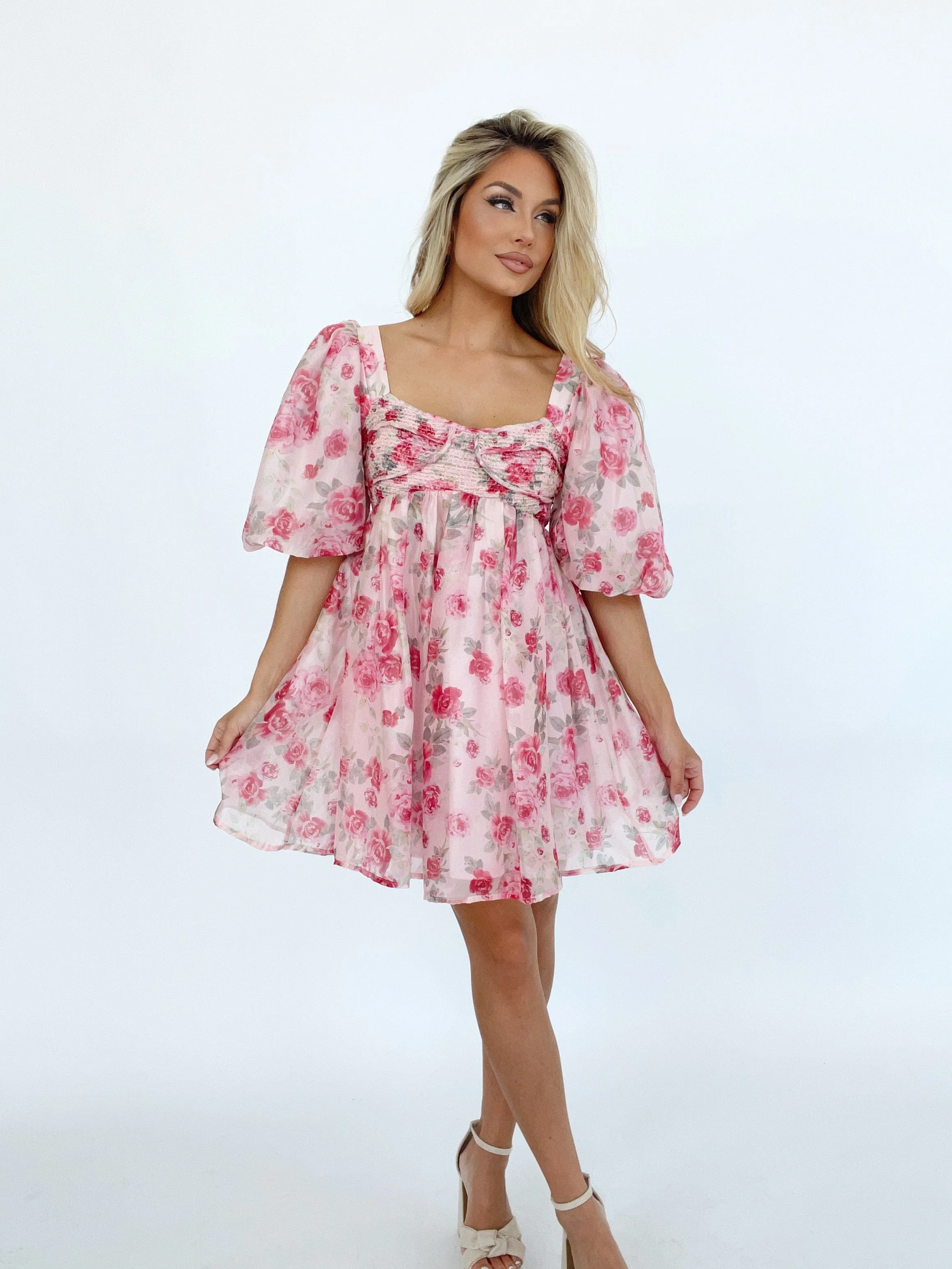 Elegant Champagne and Roses Floral Dress with Delicate Details