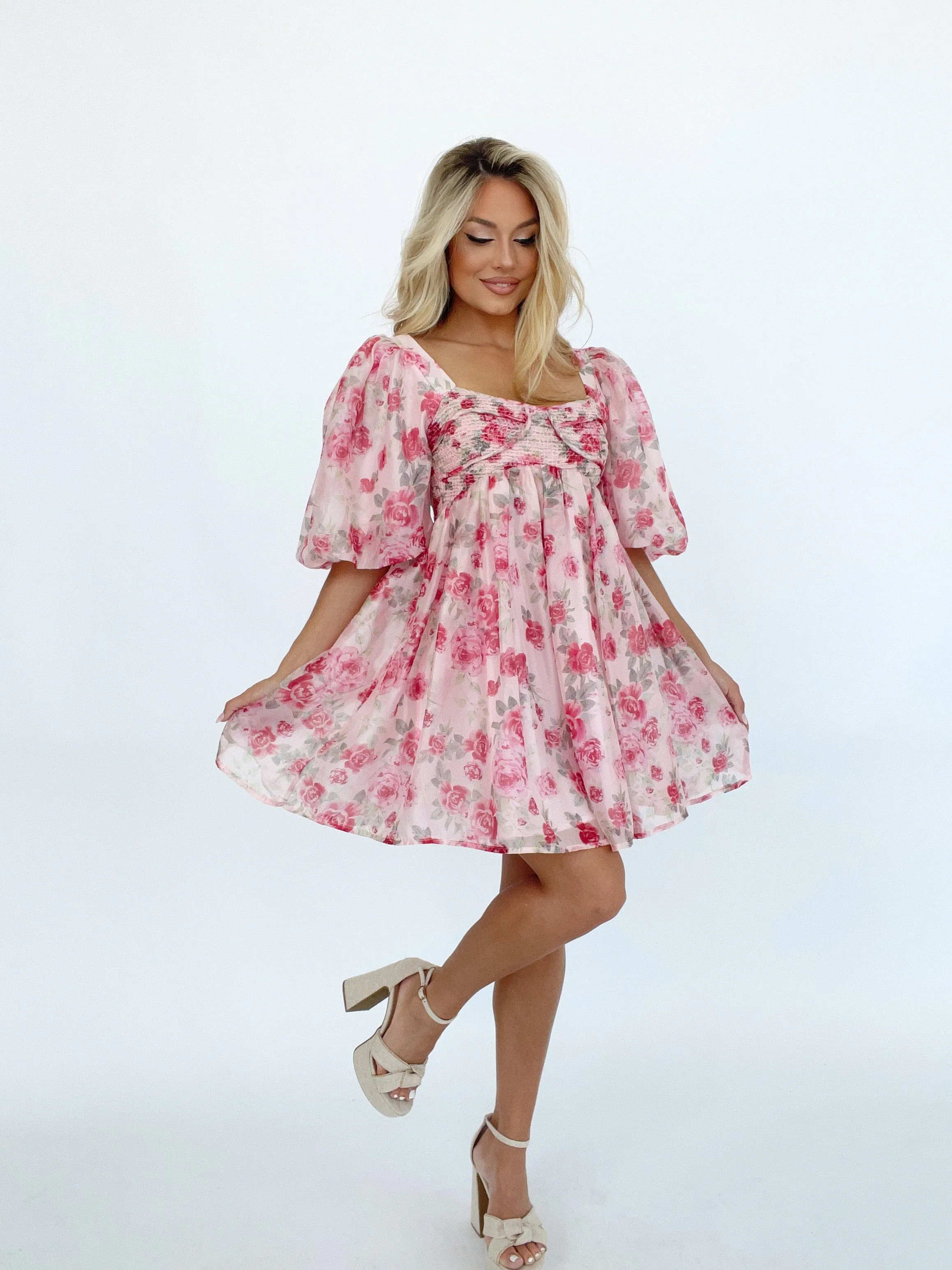 Elegant Champagne and Roses Floral Dress with Delicate Details