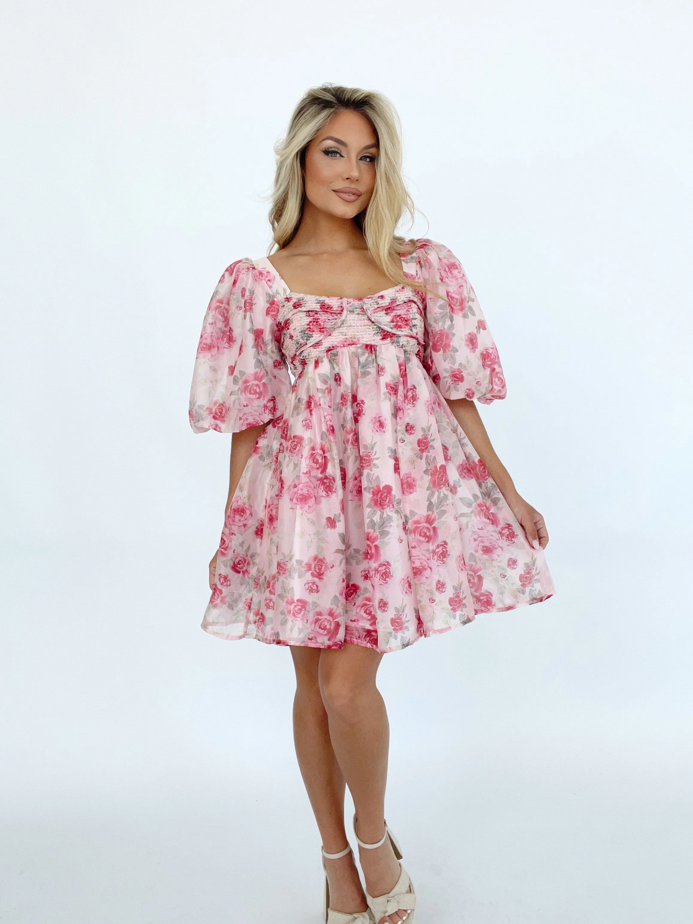 Elegant Champagne and Roses Floral Dress with Delicate Details