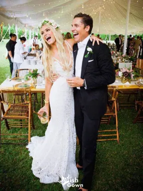 Elegant Charming Mermaid V-Neck Bridal Gown with Lace Applique - Long Wedding Dress WDH079