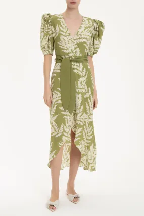 Elegant Classic Midi Silk Dress with Foliage Print and Sash Tie