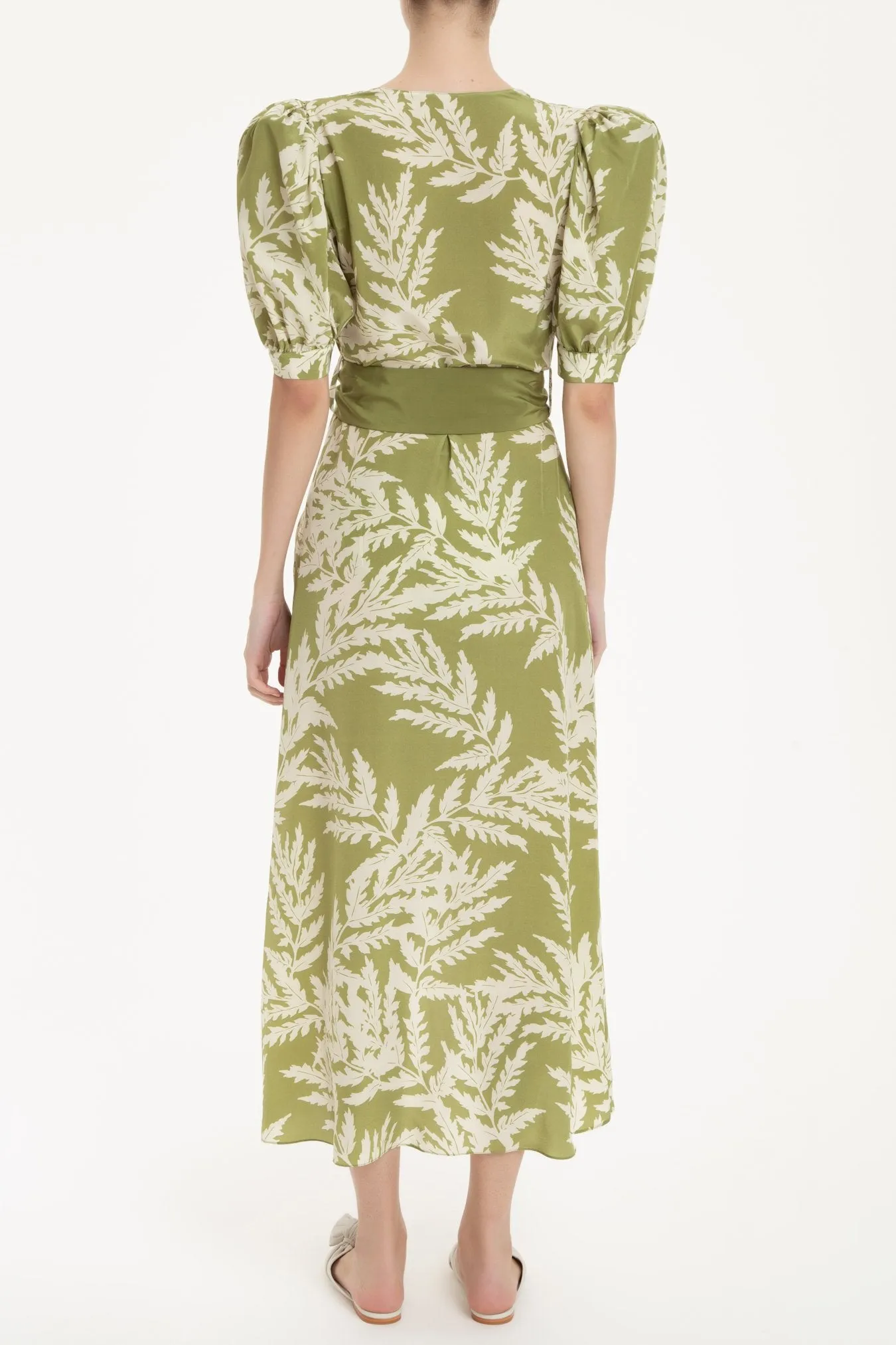 Elegant Classic Midi Silk Dress with Foliage Print and Sash Tie