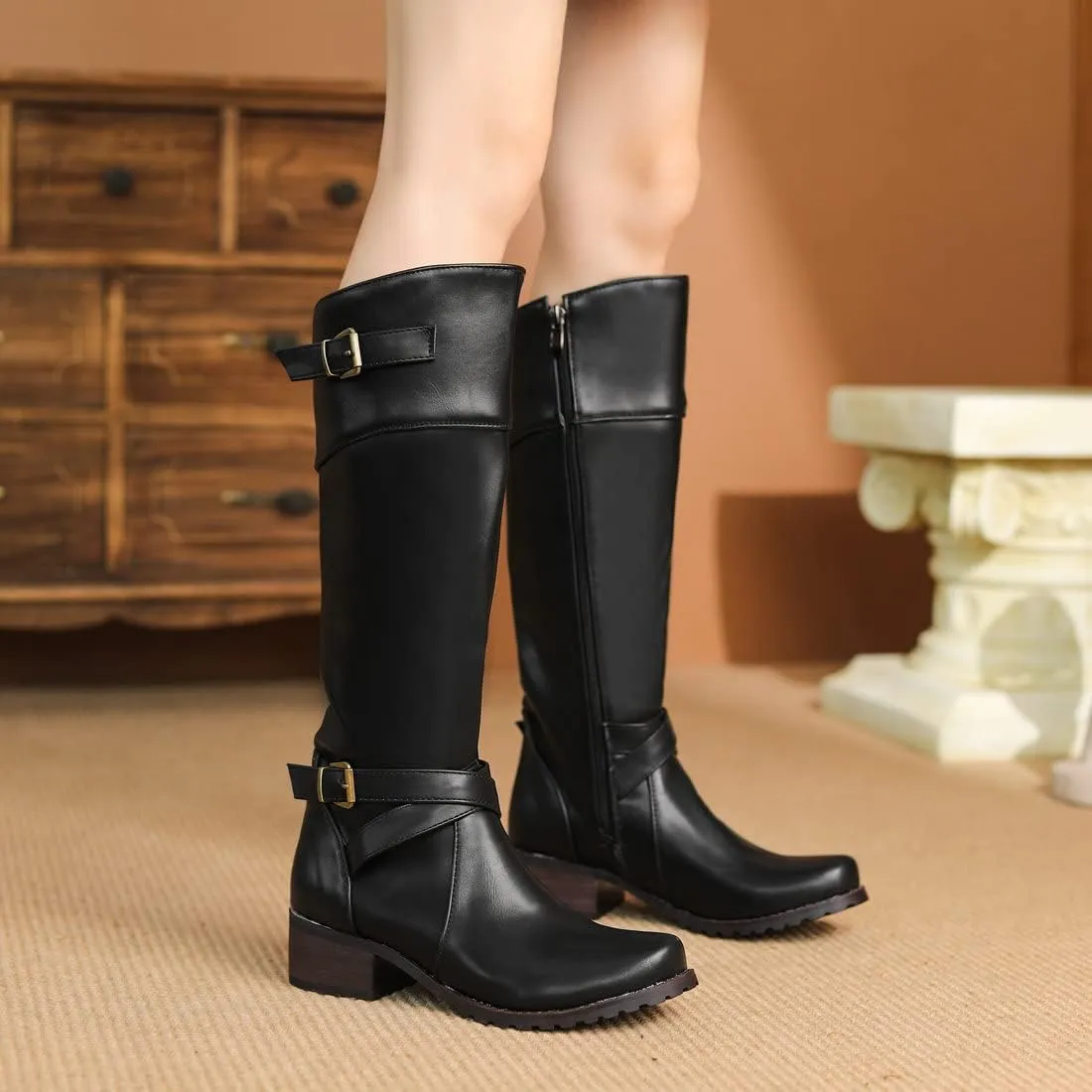 ClassicSter Womens Knee High Boots Block Chunky Mid Heels Combate Booties Strappy Buckle Motorcycle Riding Boots With Zip