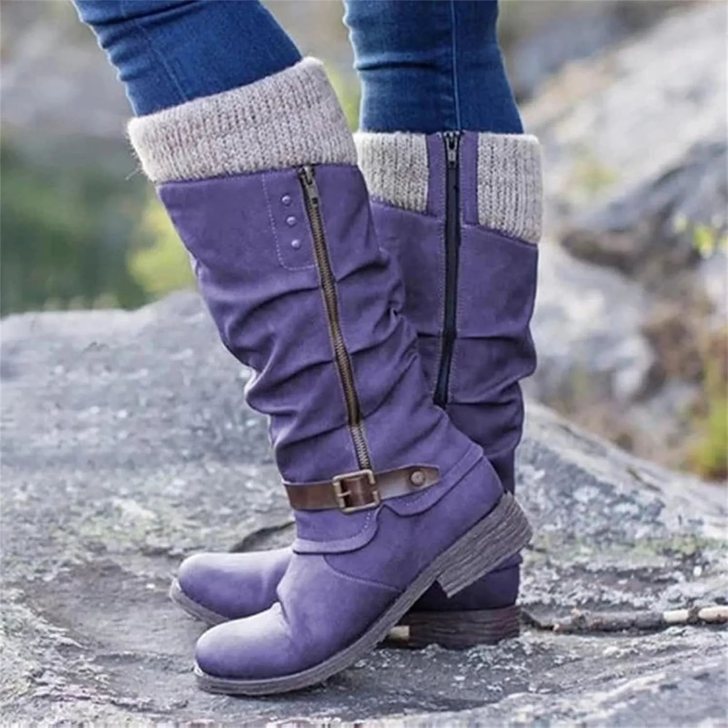Combat Boots Womens With Heel Mid Calf Outdoor Walking Winter Boots Side Zip Western Cowboy Motorcycle Riding Military Boots