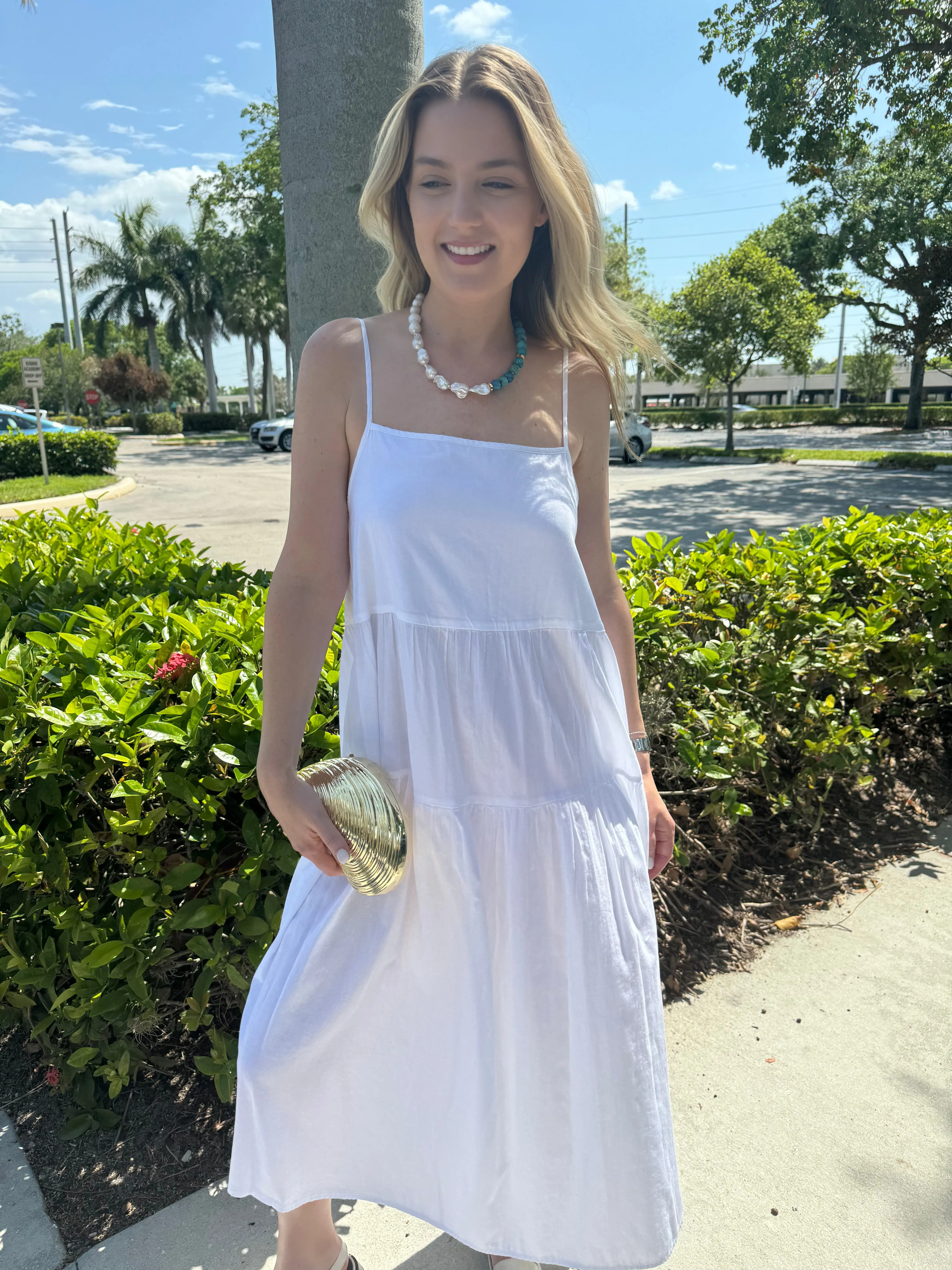 Cool Cotton Strappy Tiered Dress - White