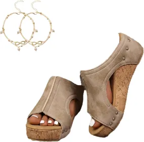 Cork Wedges & Platform Slides,Women's Thick Sole Comfy Leather Wedge Non-slip Summer Sandals,cork wedge sandal