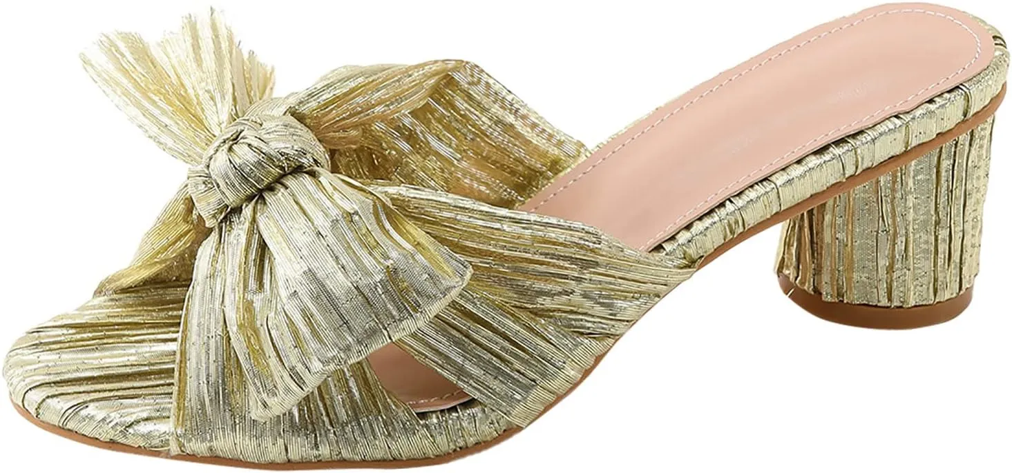 Crzidha Women's Slip On Sandals Soft Dressy Summer Bow-Knot Open Round Toe Chunky Heels Slides Sandals Cute Solid Color Slippers Sandal Casual Beach Walking Party Dress Wedding Shoes