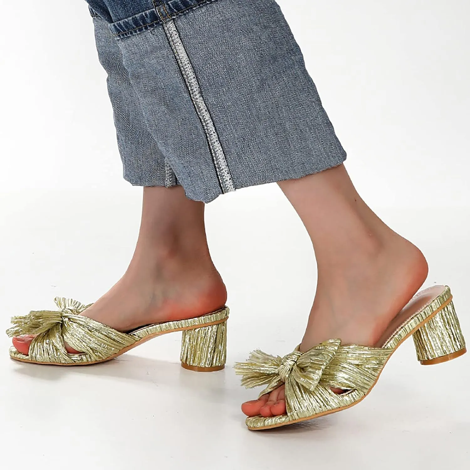 Crzidha Women's Slip On Sandals Soft Dressy Summer Bow-Knot Open Round Toe Chunky Heels Slides Sandals Cute Solid Color Slippers Sandal Casual Beach Walking Party Dress Wedding Shoes
