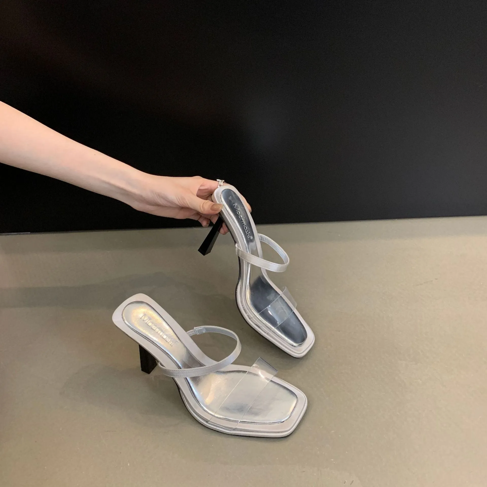 DEANWANGK  Sexy Leopard Print One-Word Transparent Sandals Women's Summer Outer Wear  New All-Matching Open Toe Stiletto Heels