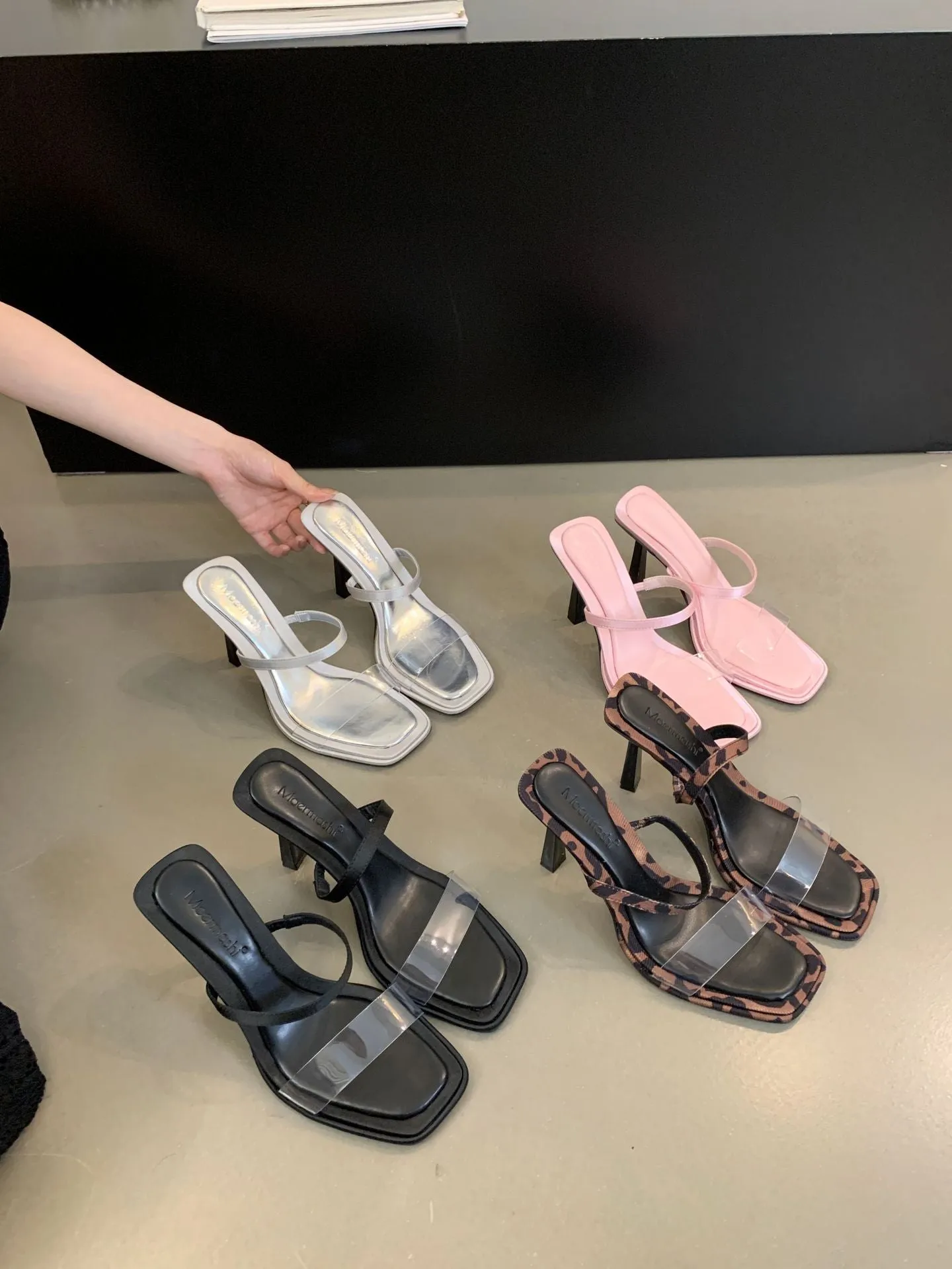 DEANWANGK  Sexy Leopard Print One-Word Transparent Sandals Women's Summer Outer Wear  New All-Matching Open Toe Stiletto Heels