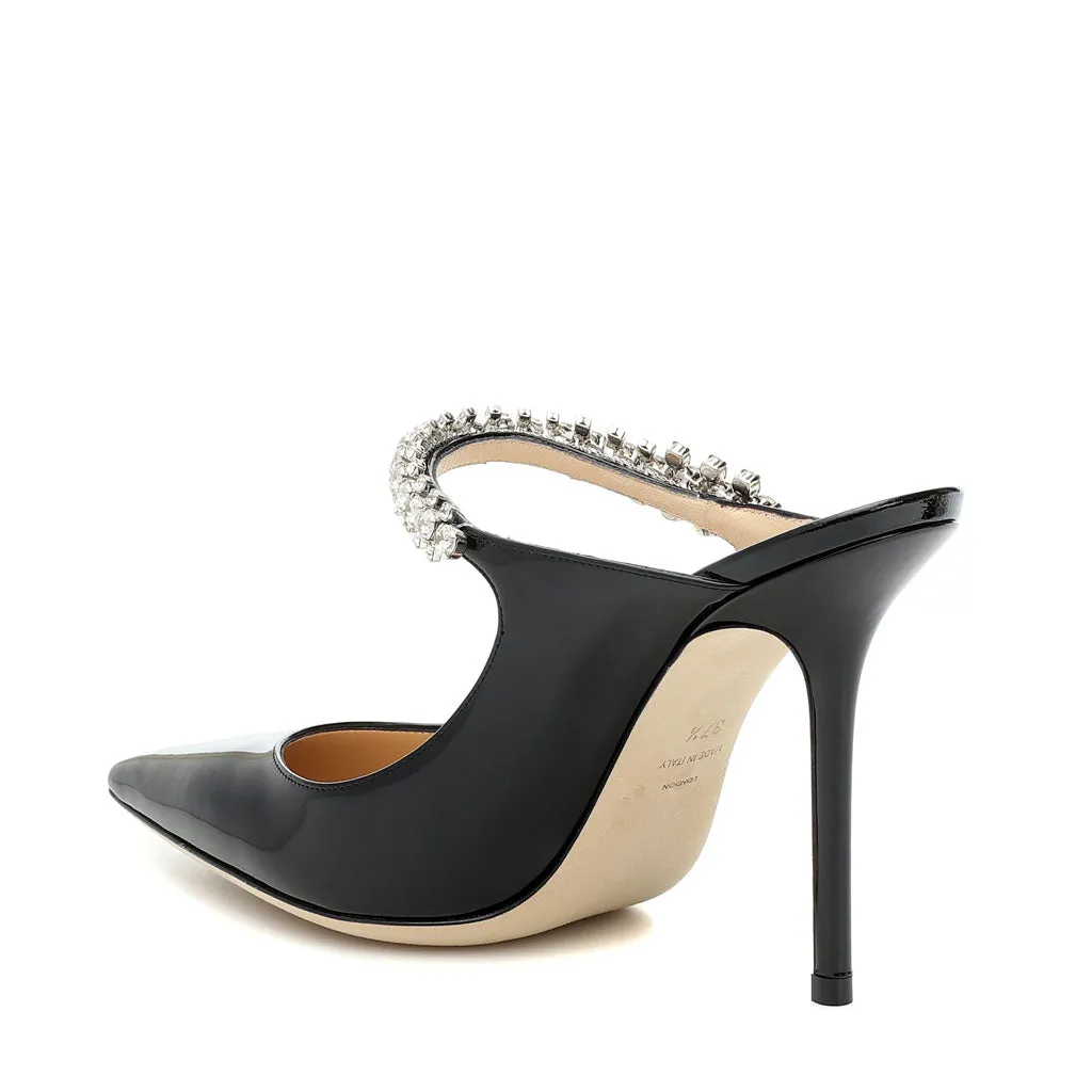 Elegant Crystal Detail Patent Leather Pointed Toe Stiletto Mules - Black
