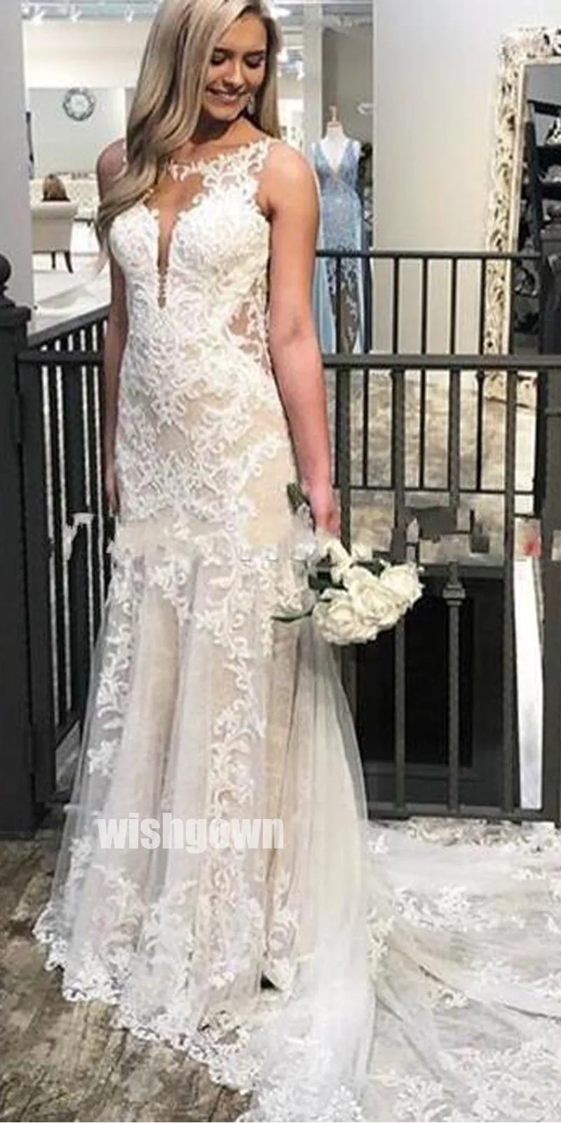 Dreamy Long Wedding Gown with Elegant Embroidery and Lace Details - WDH048