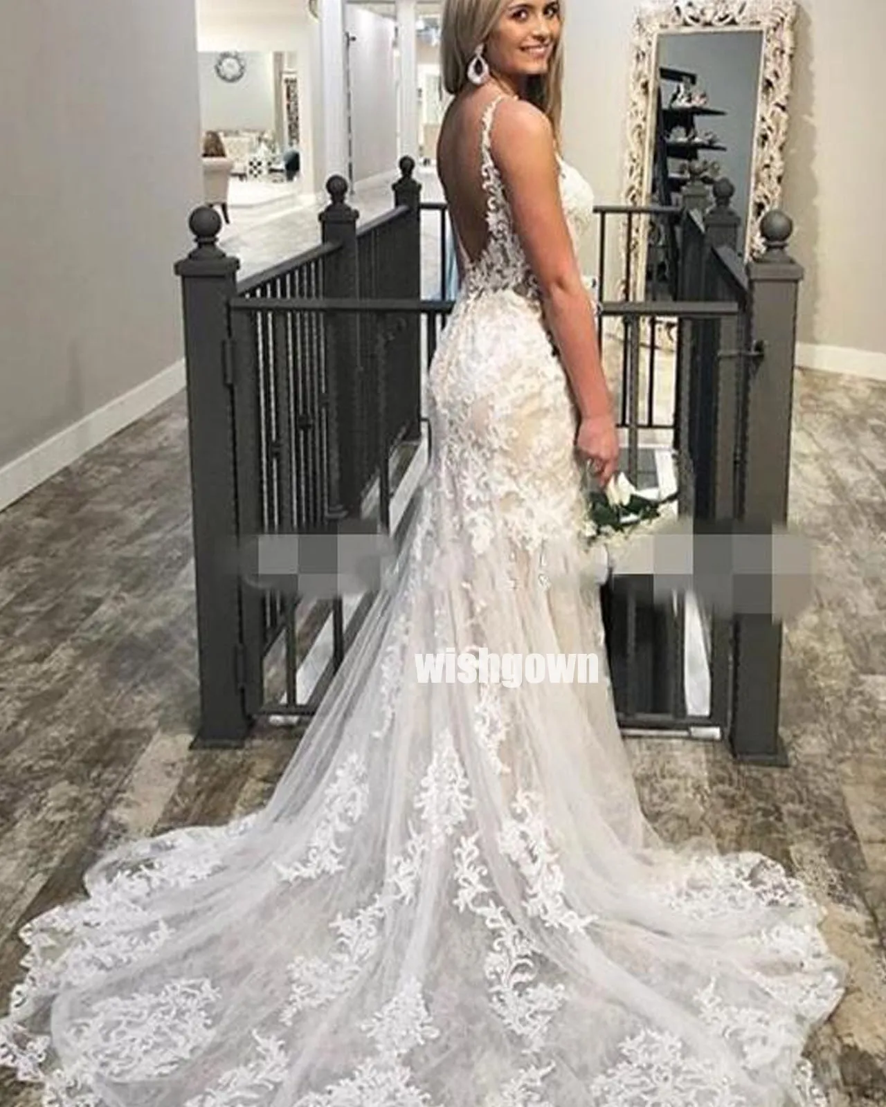 Dreamy Long Wedding Gown with Elegant Embroidery and Lace Details - WDH048